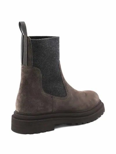 Brunello Cucinelli Women Suede Boot With Knitted Insert And Precious Loop Detail In Brown