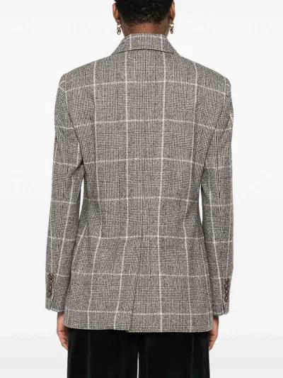 Brunello Cucinelli Alpaca And Wool Prince Of Wales Double-breasted Blazer With Monili In Brown