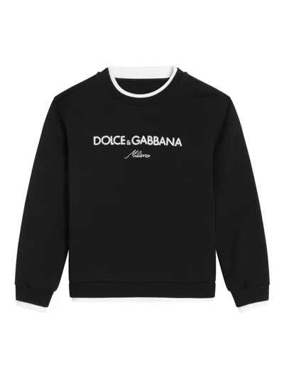 Dolce & Gabbana Crew Neck Fleece Sweatshirt With Dolce&gabbana Embroidery In Black