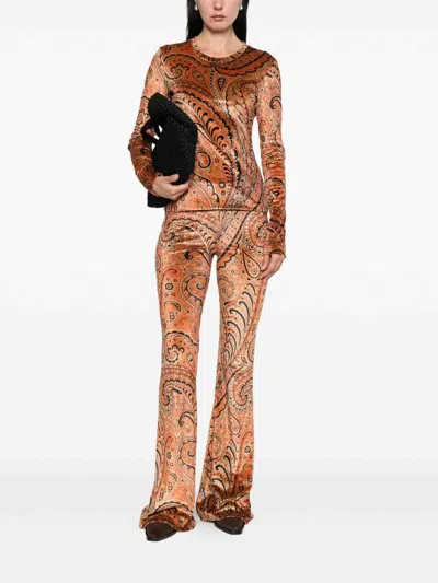 Etro Paisley-print Flared Viscose Trousers In Orange