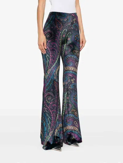 Etro Paisley-print Flared Viscose Trousers In Blue