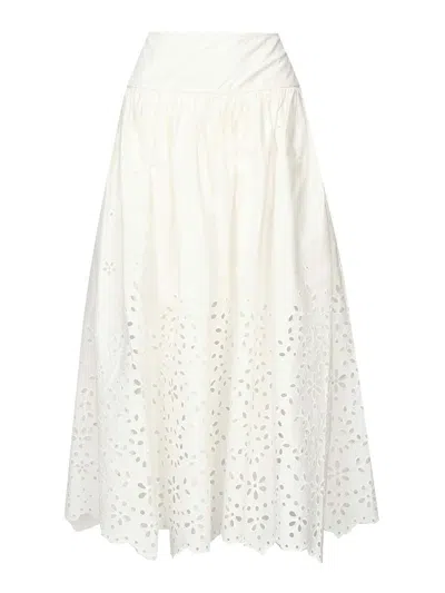 Self-portrait White Midi Skirt With Side Gathered Details And All-over Embroidery