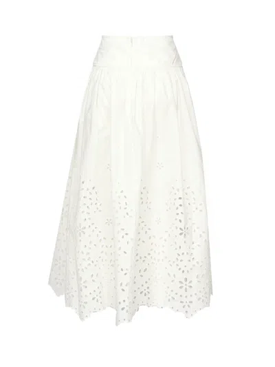 Self-portrait White Midi Skirt With Side Gathered Details And All-over Embroidery