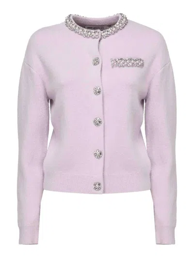 Self-portrait Knitted Cardigan With Crystals In Purple