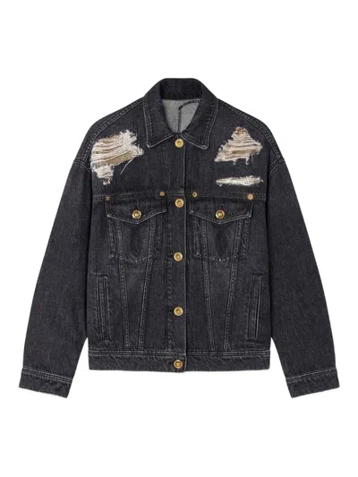 Versace Denim Jacket Distressed Front Pockets In Black