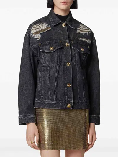 Versace Denim Jacket Distressed Front Pockets In Black