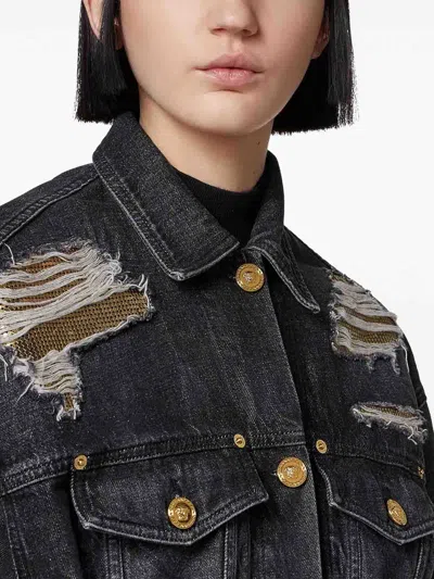 Versace Denim Jacket Distressed Front Pockets In Black