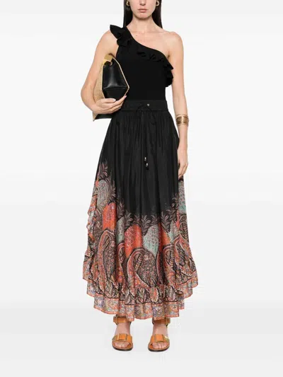 Zimmermann Rhiannon Printed Silk Skirt In Black