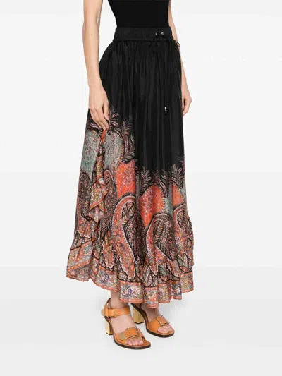 Zimmermann Rhiannon Printed Silk Skirt In Black