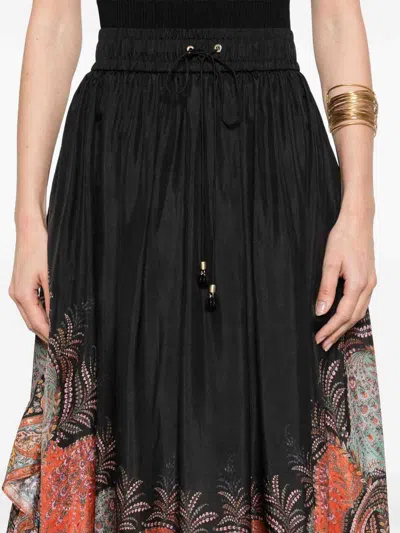 Zimmermann Rhiannon Printed Silk Skirt In Black