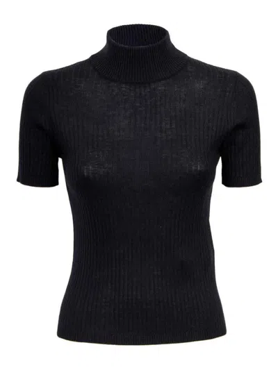 Max Mara Short-sleeved Wool Turtleneck Top In Black