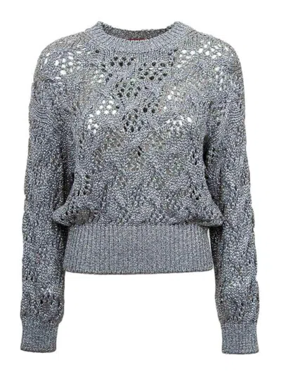 Max Mara Cropped Grey Open-knit Sweater With Metallic Finish In Gray