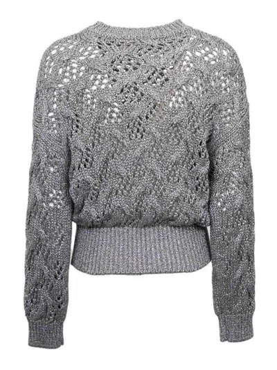 Max Mara Cropped Grey Open-knit Sweater With Metallic Finish In Gray