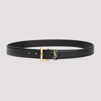 Saint Laurent Cassandre Thin Belt With Square Buckle In Grained Leather