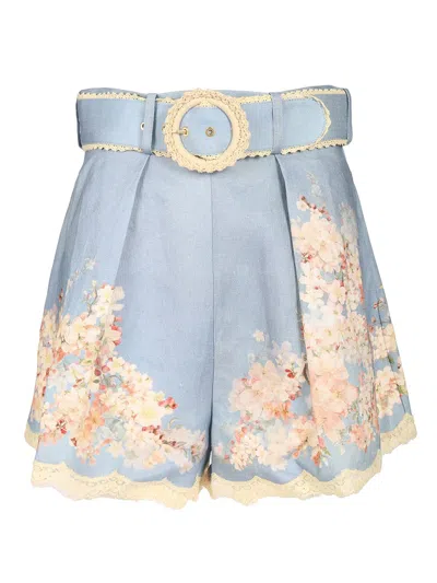 Zimmermann Cascadian Belted Lace-trimmed Pleated Floral-print Linen Shorts In Blue