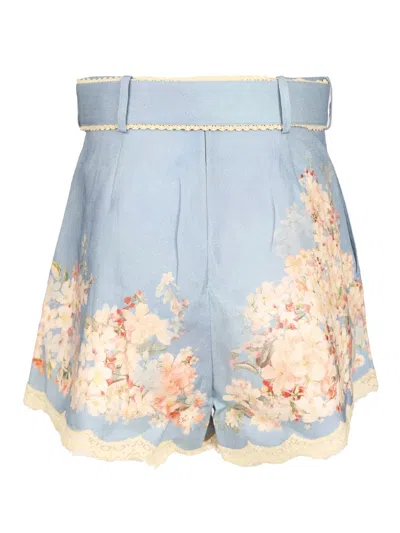 Zimmermann Cascadian Belted Lace-trimmed Pleated Floral-print Linen Shorts In Blue
