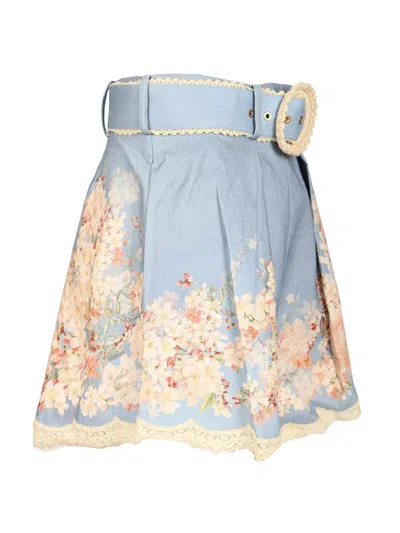 Zimmermann Cascadian Belted Lace-trimmed Pleated Floral-print Linen Shorts In Blue