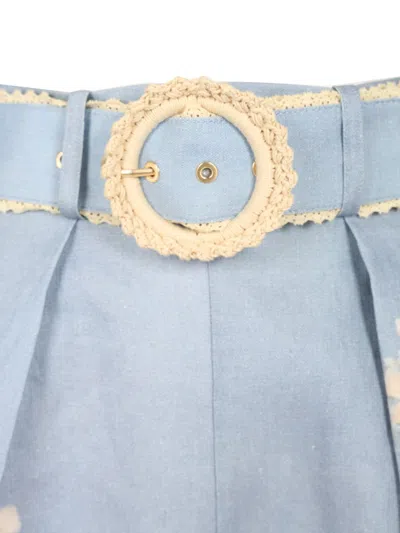 Zimmermann Cascadian Belted Lace-trimmed Pleated Floral-print Linen Shorts In Blue