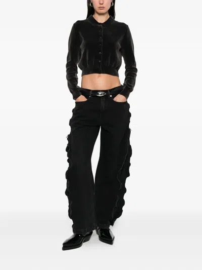 Alexander Wang Cotton-blend Chenille Cropped Polo Cardigan In Black