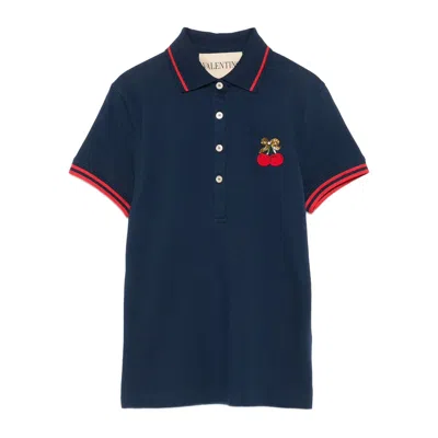 Valentino Cherry Embroidery Polo With Contrast Trim In Blue
