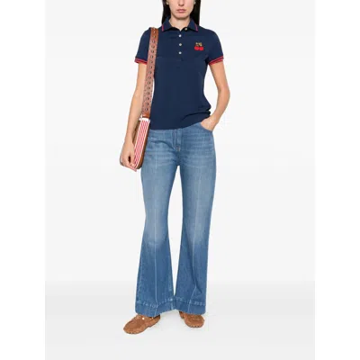 Valentino Cherry Embroidery Polo With Contrast Trim In Blue
