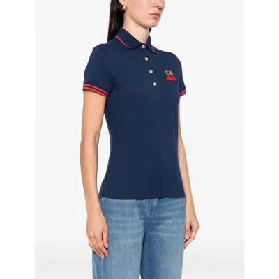 Valentino Cherry Embroidery Polo With Contrast Trim In Blue