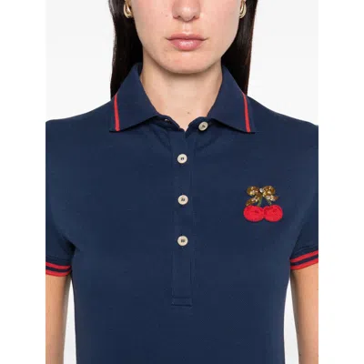 Valentino Cherry Embroidery Polo With Contrast Trim In Blue