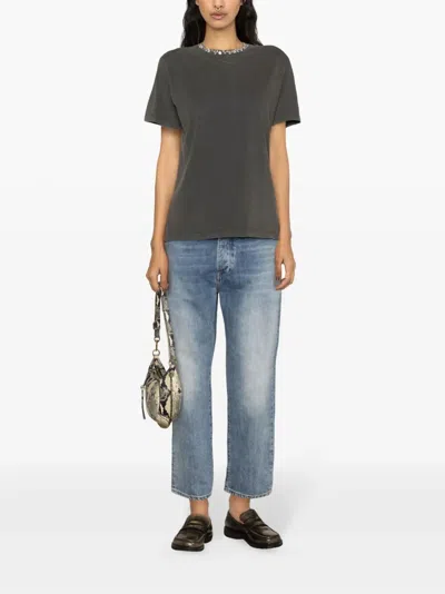 Golden Goose Distressed Grey Cotton T-shirt With Crystal Embellishments In Gray