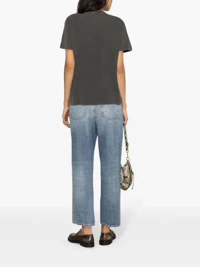 Golden Goose Distressed Grey Cotton T-shirt With Crystal Embellishments In Gray