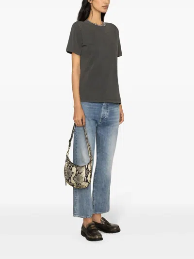 Golden Goose Distressed Grey Cotton T-shirt With Crystal Embellishments In Gray