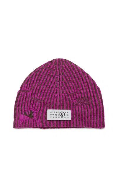 Mm6 Maison Margiela Berretto Beanie In Lana A Coste Con Rotture In Brown