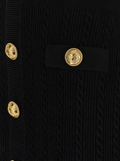 Balmain Fitted Black Dress With Ribbed Texture And Gold Accents In Multi
