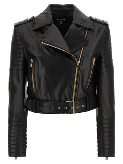 Balmain Cropped Leather Biker Jacket In Black