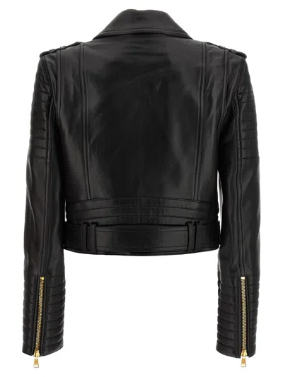 Balmain Cropped Leather Biker Jacket In Black