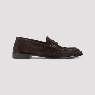 Saint Laurent Cassandre-detail Suede Loafers In Brown