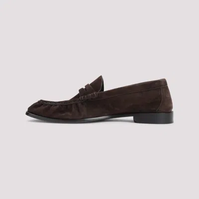 Saint Laurent Cassandre-detail Suede Loafers In Brown