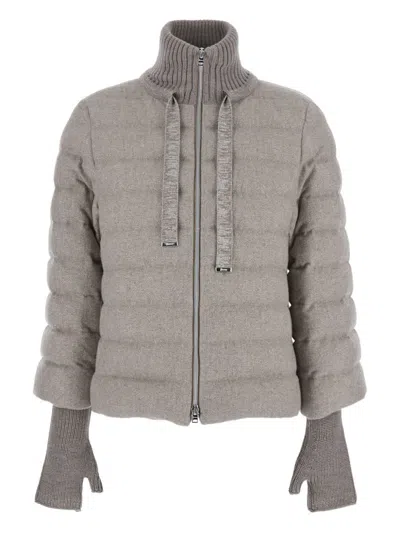 Herno Beige Down Jacket With Drawstring High  Neck And Removable Gloves In Gray