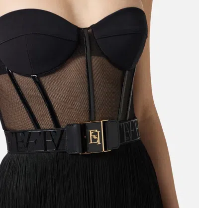 Elisabetta Franchi Mini Dress In Tulle And Fringes In Black
