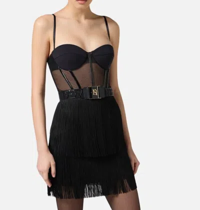 Elisabetta Franchi Mini Dress In Tulle And Fringes In Black