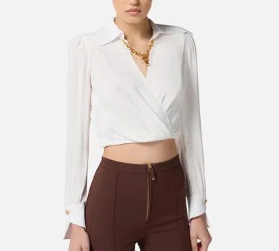 Elisabetta Franchi Cropped Shirt With Golden Chain And Padded Shoulders In White