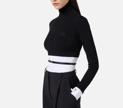 Elisabetta Franchi Turtleneck Top With Contrasting Poplin Insert And Logo Buckle In Black