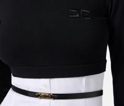 Elisabetta Franchi Turtleneck Top With Contrasting Poplin Insert And Logo Buckle In Black