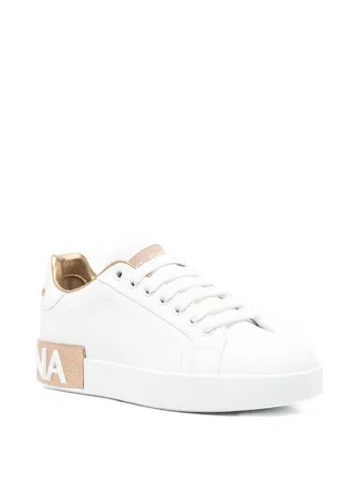 Dolce & Gabbana Women White Nappa Leather Portofino Sneakers In Gold