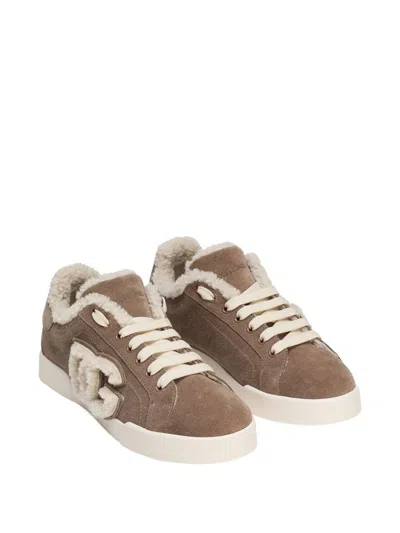 Dolce & Gabbana Suede Sneakers With Shearling Lining Shoes In Brown