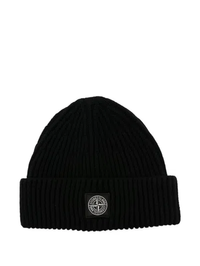 Stone Island Ribbed Knit Beanie With Compass Logo Patch In Black
