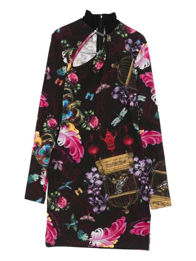 Versace Jeans Couture Floral-print Mini Dress In Black