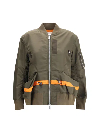 Sacai Stripe-detail Zip-up Bomber Jacket In Green