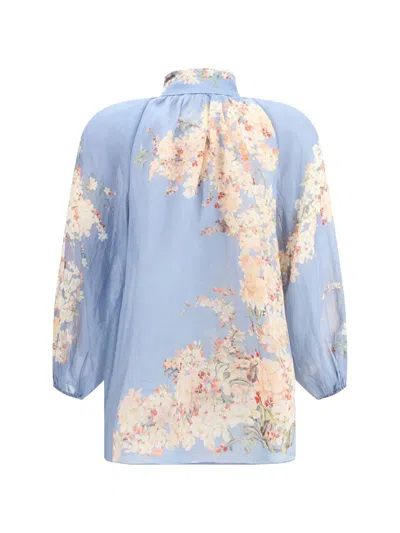 Zimmermann Cascadian Lace-trimmed Floral-print Ramie Blouse In Blue