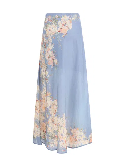 Zimmermann Womens Cascadian Bias Floral Linen Midi Skirt Teal Blue Botanical In Blue