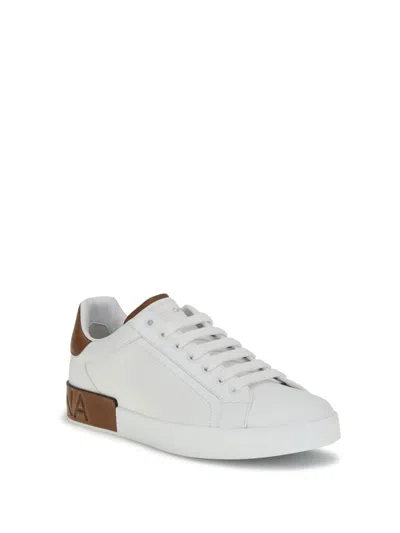 Dolce & Gabbana White Calf Leather Portofino Sneakers In Red